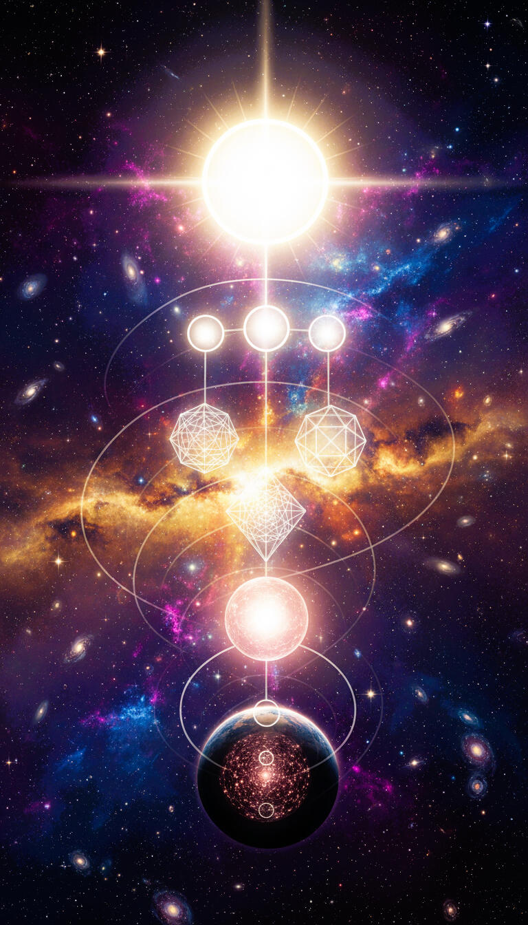 An interpretation of the field structure - from the Source at the top, through Monad, Oversoul, and Soul, down to embodiment, such as a human being. (This does not take into account that an Oversoul may encompass multiple souls.)