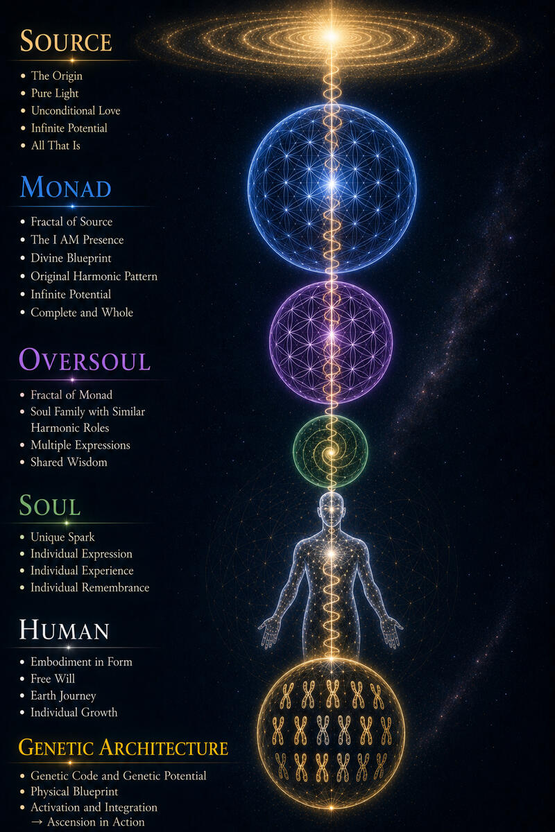 An interpretation of one’s field structure, without considering the broader architecture of 12 Monads per Source Fractal, 12 Oversouls per Monad, and up to 144 Souls per Oversoul.