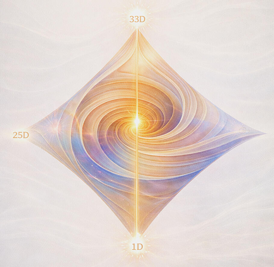 One’s full dimensional spiral from 1D to 33D, with 25D as the harmonic threshold for physical form.