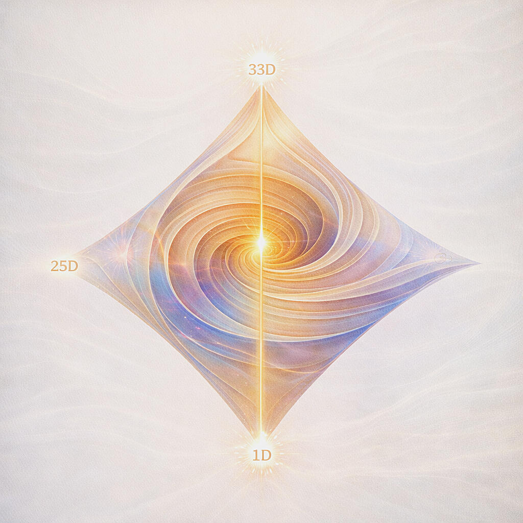 One’s full dimensional spiral from 1D to 33D, with 25D as the harmonic threshold for physical form, and ascension unfolding from 26D onward.